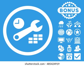 Date and Time Configuration icon with bonus pictures. Vector illustration style is flat iconic symbols, white color, blue background.