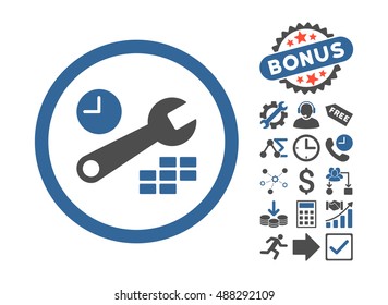 Date and Time Configuration icon with bonus design elements. Vector illustration style is flat iconic bicolor symbols, cobalt and gray colors, white background.