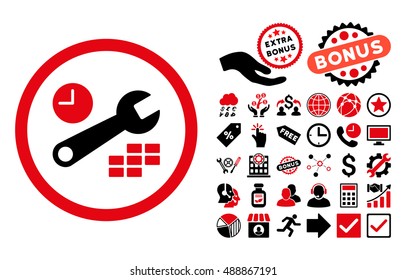 Date and Time Configuration icon with bonus design elements. Vector illustration style is flat iconic bicolor symbols, intensive red and black colors, white background.