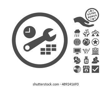 Date and Time Configuration icon with bonus icon set. Vector illustration style is flat iconic symbols, gray color, white background.