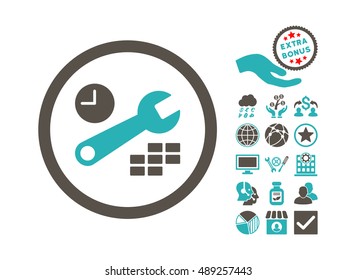 Date and Time Configuration icon with bonus pictogram. Vector illustration style is flat iconic bicolor symbols, grey and cyan colors, white background.