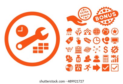 Date and Time Configuration icon with bonus pictures. Vector illustration style is flat iconic symbols, orange color, white background.