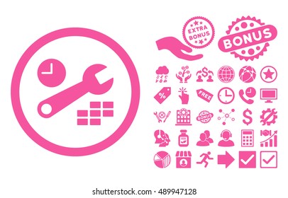 Date and Time Configuration icon with bonus clip art. Vector illustration style is flat iconic symbols, pink color, white background.