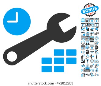 Date and Time Configuration icon with bonus calendar and time management icon set. Vector illustration style is flat iconic bicolor symbols, blue and gray colors, white background.