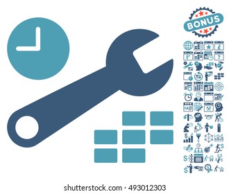 Date and Time Configuration icon with bonus calendar and time management pictogram. Vector illustration style is flat iconic bicolor symbols, cyan and blue colors, white background.