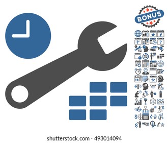 Date and Time Configuration icon with bonus calendar and time management symbols. Vector illustration style is flat iconic bicolor symbols, cobalt and gray colors, white background.