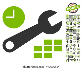 Date and Time Configuration icon with bonus calendar and time management pictogram. Vector illustration style is flat iconic bicolor symbols, eco green and gray colors, white background.