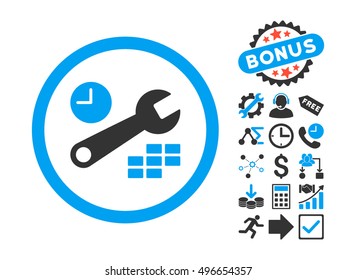 Date and Time Configuration icon with bonus elements. Vector illustration style is flat iconic bicolor symbols, blue and gray colors, white background.