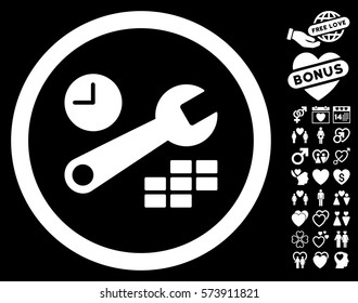 Date And Time Configuration icon with bonus decorative images. Vector illustration style is flat rounded iconic white symbols on black background.