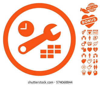 Date And Time Configuration icon with bonus dating design elements. Vector illustration style is flat rounded iconic orange symbols on white background.
