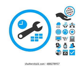 Date and Time Configuration pictograph with bonus elements. Vector illustration style is flat iconic bicolor symbols, blue and gray colors, white background.