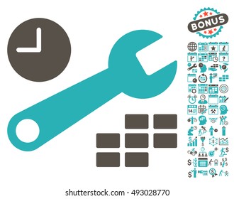 Date and Time Configuration pictograph with bonus calendar and time management design elements. Vector illustration style is flat iconic bicolor symbols, grey and cyan colors, white background.