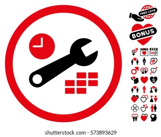 Date And Time Configuration pictograph with bonus love graphic icons. Vector illustration style is flat rounded iconic intensive red and black symbols on white background.