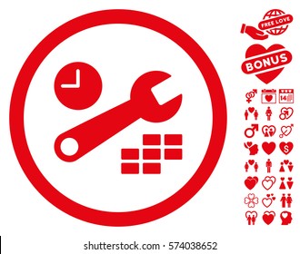Date And Time Configuration pictograph with bonus romantic pictograph collection. Vector illustration style is flat rounded iconic red symbols on white background.