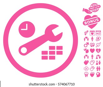 Date And Time Configuration pictograph with bonus love pictograms. Vector illustration style is flat rounded iconic pink symbols on white background.
