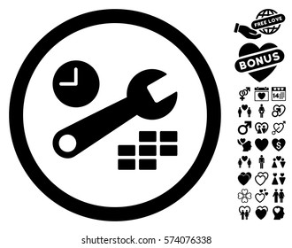 Date And Time Configuration pictograph with bonus decorative graphic icons. Vector illustration style is flat rounded iconic black symbols on white background.