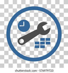 Date And Time Configuration rounded icon. Vector bicolor illustration style is a flat iconic symbol inside a circle, cobalt and gray colors, transparent background.