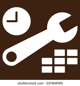 Date And Time Configuration vector icon. Style is flat symbol, white color, rounded angles, brown background.