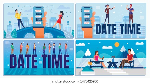 Date Time Daily Planner for Business and Informal Situation Cartoon Set. Businesspeople and Office Workers, Couple in Love Chatting and Scheduling Meetings and Rest. Vector Flat Illustration