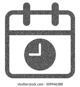Date and Time grainy textured icon for overlay watermark stamps. Flat symbol with dust texture. Dotted vector gray ink rubber seal stamp with grunge design on a white background.