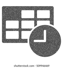 Date and Time grainy textured icon for overlay watermark stamps. Flat symbol with dirty texture. Dotted vector gray ink rubber seal stamp with grunge design on a white background.