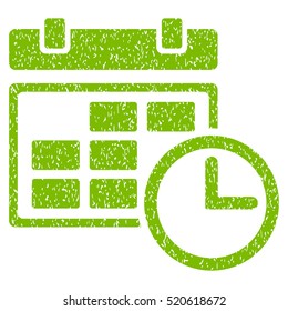 Date and Time grainy textured icon for overlay watermark stamps. Flat symbol with dirty texture. Dotted vector eco green ink rubber seal stamp with grunge design on a white background.
