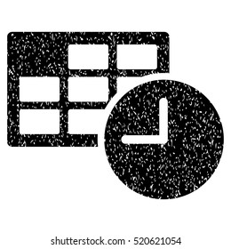 Date and Time grainy textured icon for overlay watermark stamps. Flat symbol with dust texture. Dotted vector black ink rubber seal stamp with grunge design on a white background.