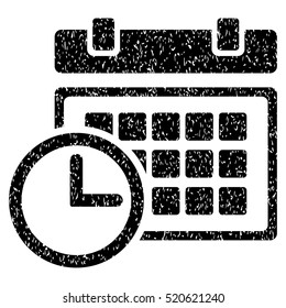 Date and Time grainy textured icon for overlay watermark stamps. Flat symbol with unclean texture. Dotted vector black ink rubber seal stamp with grunge design on a white background.