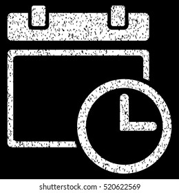 Date and Time grainy textured icon for overlay watermark stamps. Flat symbol with unclean texture. Dotted vector white ink rubber seal stamp with grunge design on a black background.