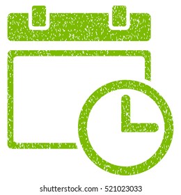 Date and Time grainy textured icon for overlay watermark stamps. Flat symbol with dirty texture. Dotted vector eco green ink rubber seal stamp with grunge design on a white background.