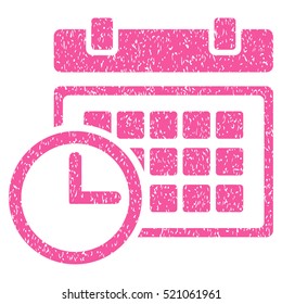 Date and Time grainy textured icon for overlay watermark stamps. Flat symbol with dust texture. Dotted vector pink ink rubber seal stamp with grunge design on a white background.