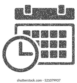 Date and Time grainy textured icon for overlay watermark stamps. Flat symbol with scratched texture. Dotted vector gray ink rubber seal stamp with grunge design on a white background.