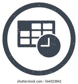 Date and Time grainy textured icon inside circle for overlay watermark stamps. Flat symbol with dust texture.