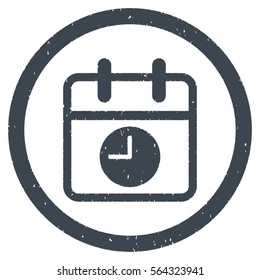 Date and Time grainy textured icon inside circle for overlay watermark stamps. Flat symbol with dust texture.