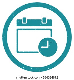 Date and Time grainy textured icon inside circle for overlay watermark stamps. Flat symbol with dust texture.