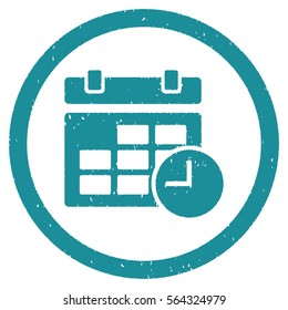 Date and Time grainy textured icon inside circle for overlay watermark stamps. Flat symbol with dust texture.