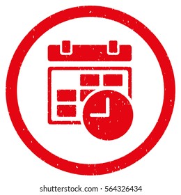 Date and Time grainy textured icon inside circle for overlay watermark stamps. Flat symbol with dust texture. Circled dotted vector red ink rubber seal stamp with grunge design on a white background.