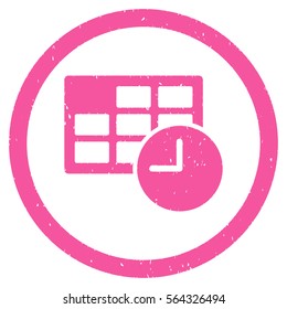 Date and Time grainy textured icon inside circle for overlay watermark stamps. Flat symbol with dust texture. Circled dotted vector pink ink rubber seal stamp with grunge design on a white background.