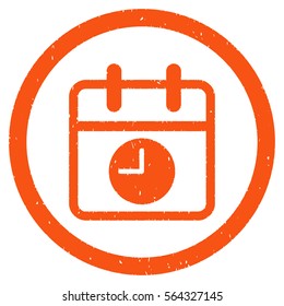 Date and Time grainy textured icon inside circle for overlay watermark stamps. Flat symbol with unclean texture.