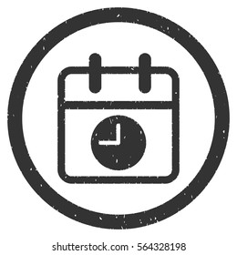 Date and Time grainy textured icon inside circle for overlay watermark stamps. Flat symbol with dust texture. Circled dotted vector gray ink rubber seal stamp with grunge design on a white background.