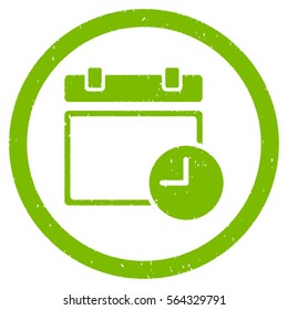 Date and Time grainy textured icon inside circle for overlay watermark stamps. Flat symbol with unclean texture.