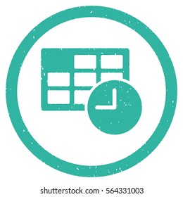 Date and Time grainy textured icon inside circle for overlay watermark stamps. Flat symbol with dirty texture.