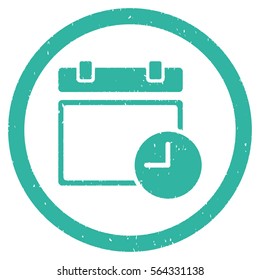 Date and Time grainy textured icon inside circle for overlay watermark stamps. Flat symbol with scratched texture.