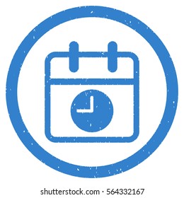 Date and Time grainy textured icon inside circle for overlay watermark stamps. Flat symbol with dirty texture.