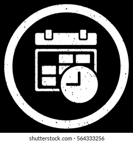 Date and Time grainy textured icon inside circle for overlay watermark stamps. Flat symbol with dust texture.