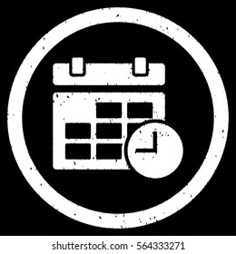 Date and Time grainy textured icon inside circle for overlay watermark stamps. Flat symbol with dirty texture.