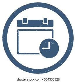 Date and Time grainy textured icon inside circle for overlay watermark stamps. Flat symbol with scratched texture.