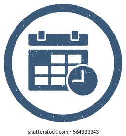 Date and Time grainy textured icon inside circle for overlay watermark stamps. Flat symbol with dust texture. Circled dotted vector blue ink rubber seal stamp with grunge design on a white background.