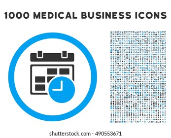 Date and Time icon with 1000 medical business gray and blue vector pictographs. Collection style is flat bicolor symbols, white background.