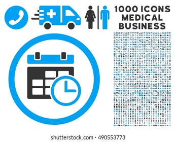 Date and Time icon with 1000 medical commercial gray and blue vector pictograms. Clipart style is flat bicolor symbols, white background.
